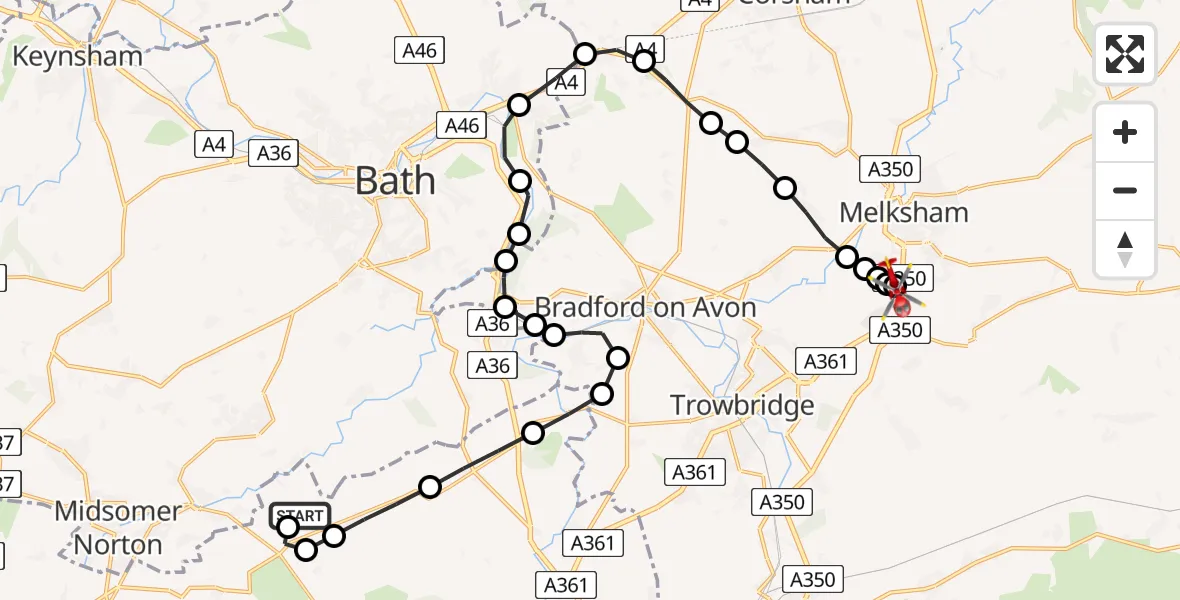 Routekaart van de vlucht: Air Ambulance Helicopter to Melksham, Commerce Way