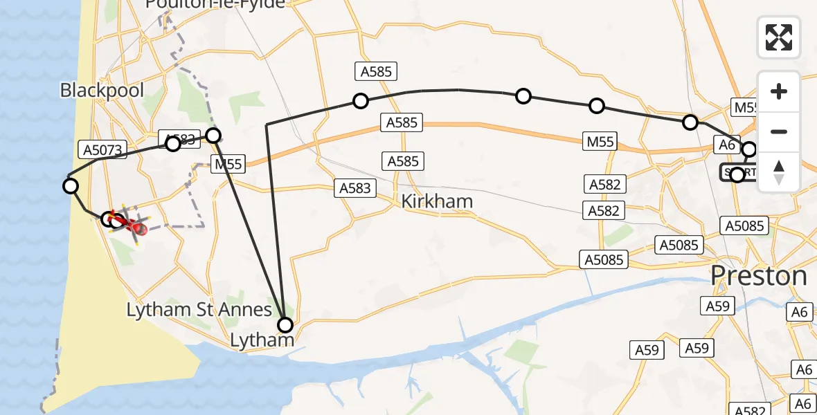 Flight route map: Air Ambulance Helicopter to Blackpool Airport, Blackpool Airport