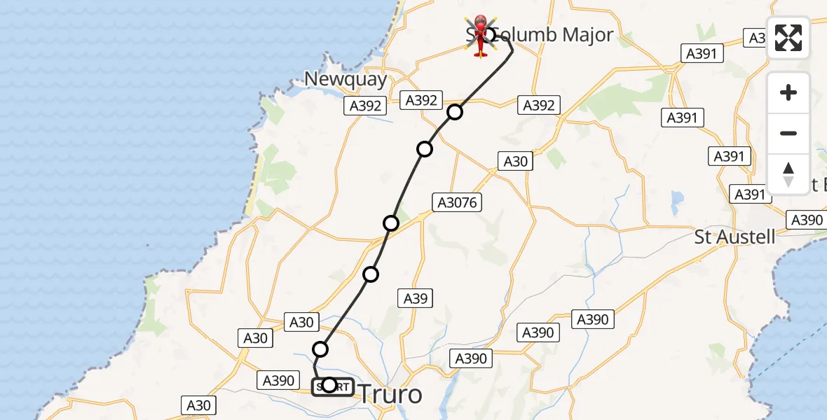 Flight route map: Air Ambulance Helicopter to Cornwall Airport Newquay, Cornwall Airport Newquay