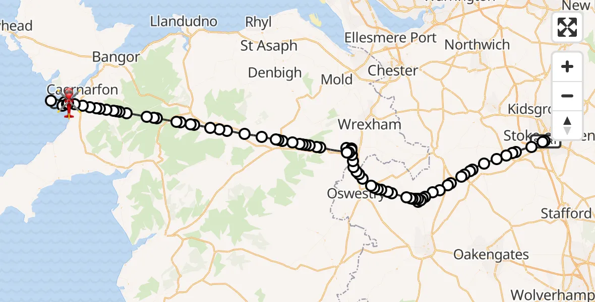 Flight route map: Air Ambulance Helicopter to Caernarfon Airport, Caernarfon Airport