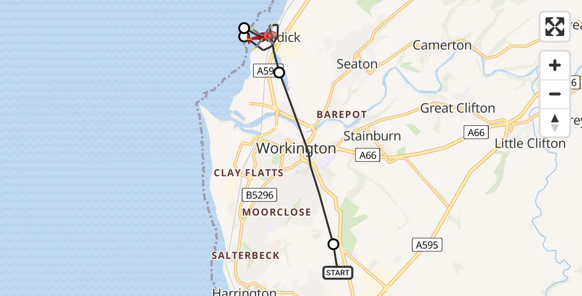 Routekaart van de vlucht: Air Ambulance Helicopter to Siddick, A596