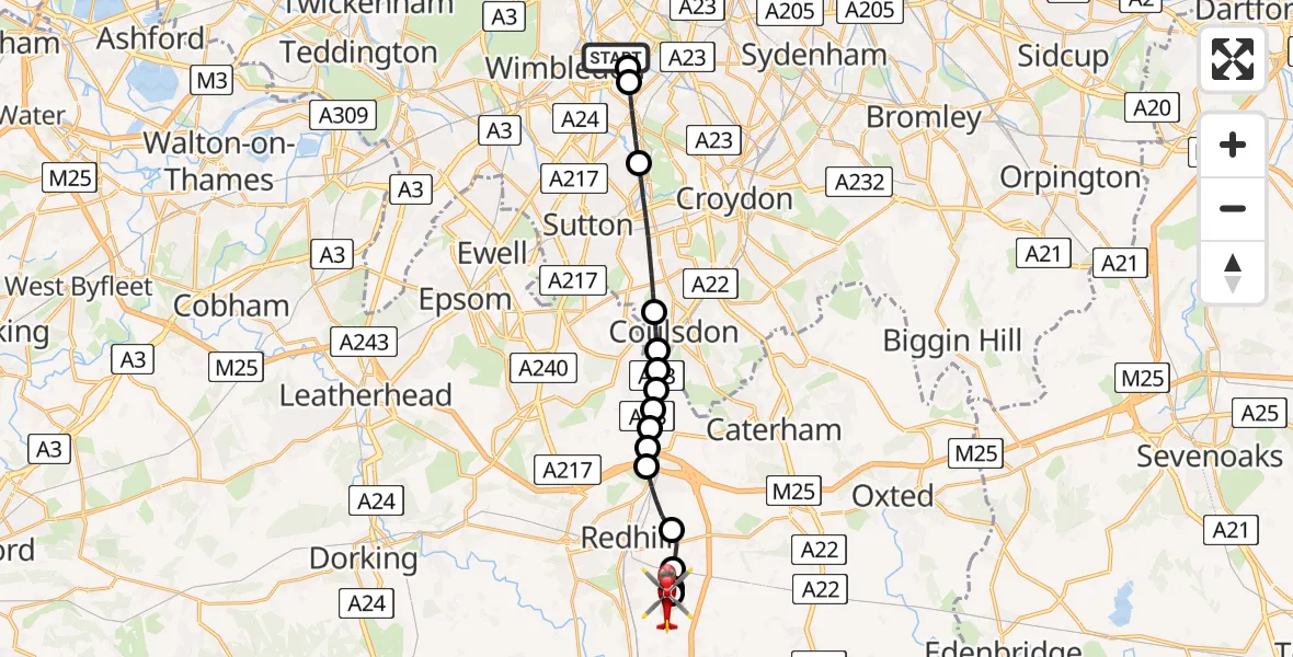 Routekaart van de vlucht: Air Ambulance Helicopter to Redhill Aerodrome, Redhill Aerodrome