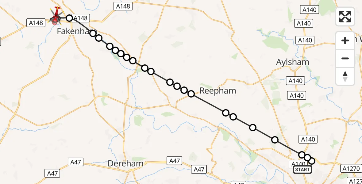 Flight route map: Air Ambulance Helicopter to Sculthorpe, Lynn Road