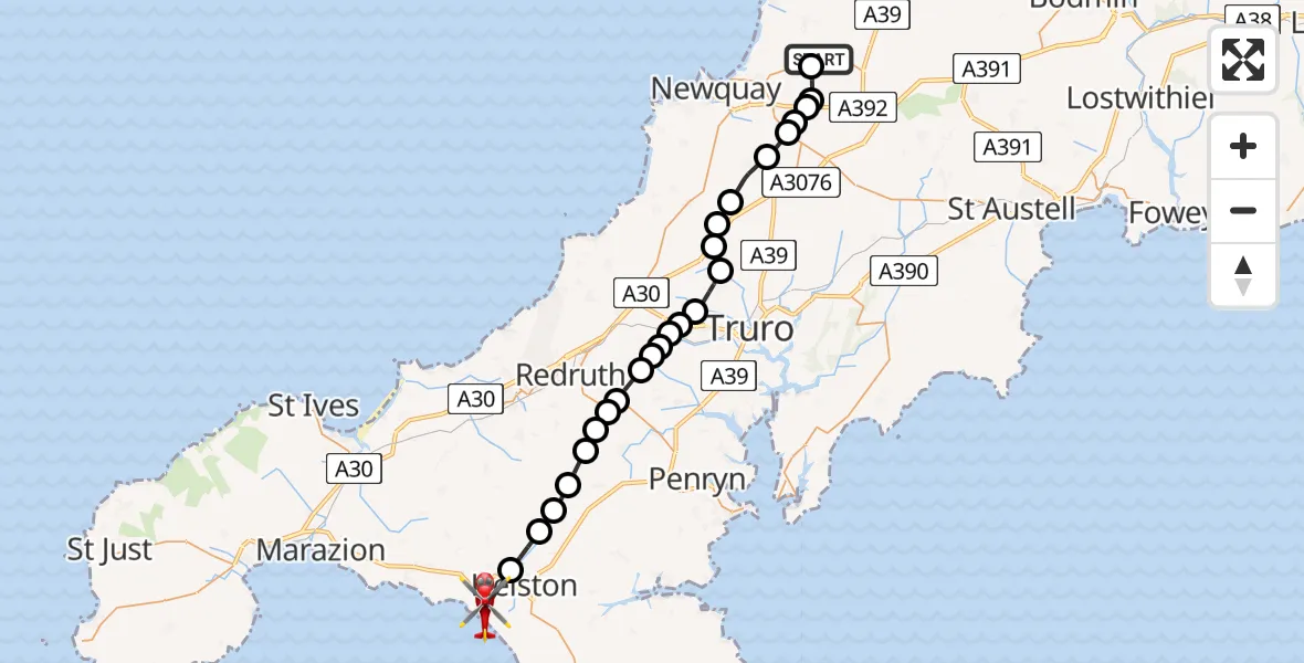 Flight route map: Air Ambulance Helicopter to Porthleven, Wellington Road