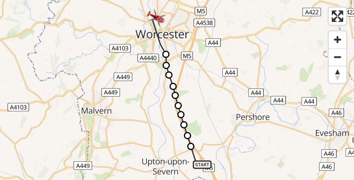 Routekaart van de vlucht: Air Ambulance Helicopter to Worcester, Tower Road