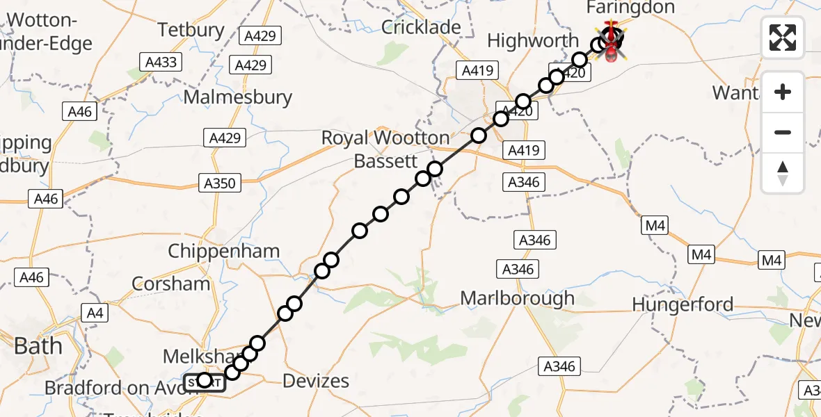 Flight route map: Air Ambulance Helicopter to Great Coxwell, Faringdon Road