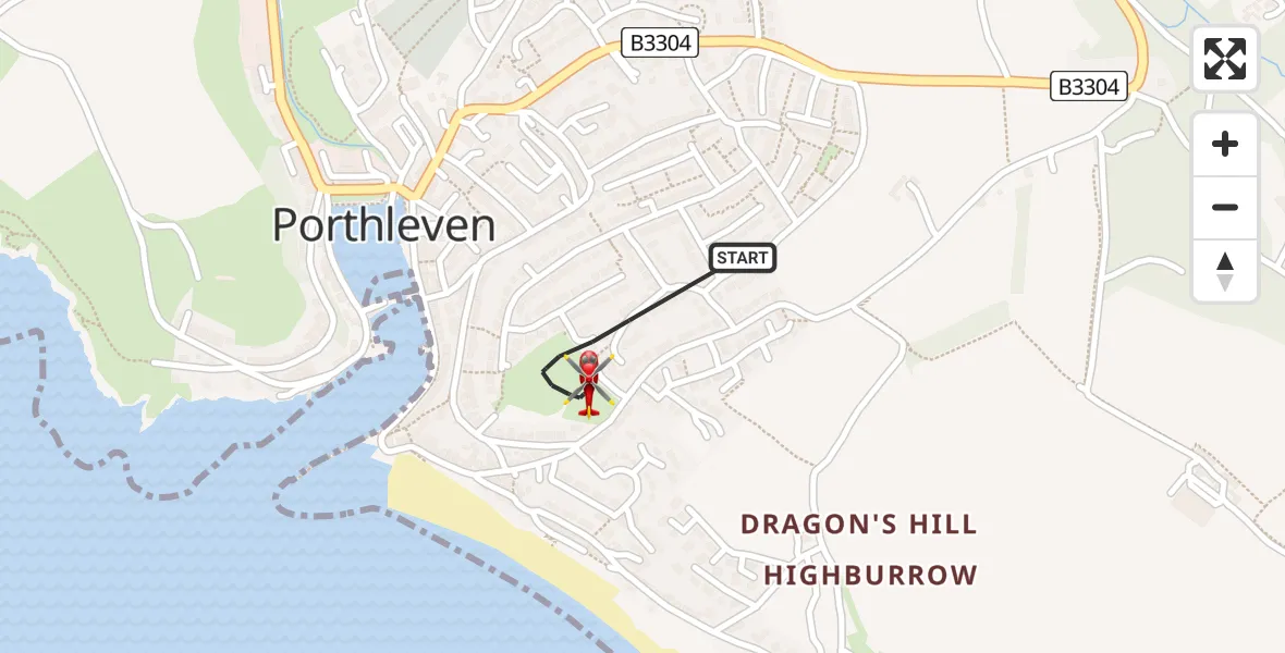 Flight route map: Air Ambulance Helicopter to Porthleven, Shrubberies Hill