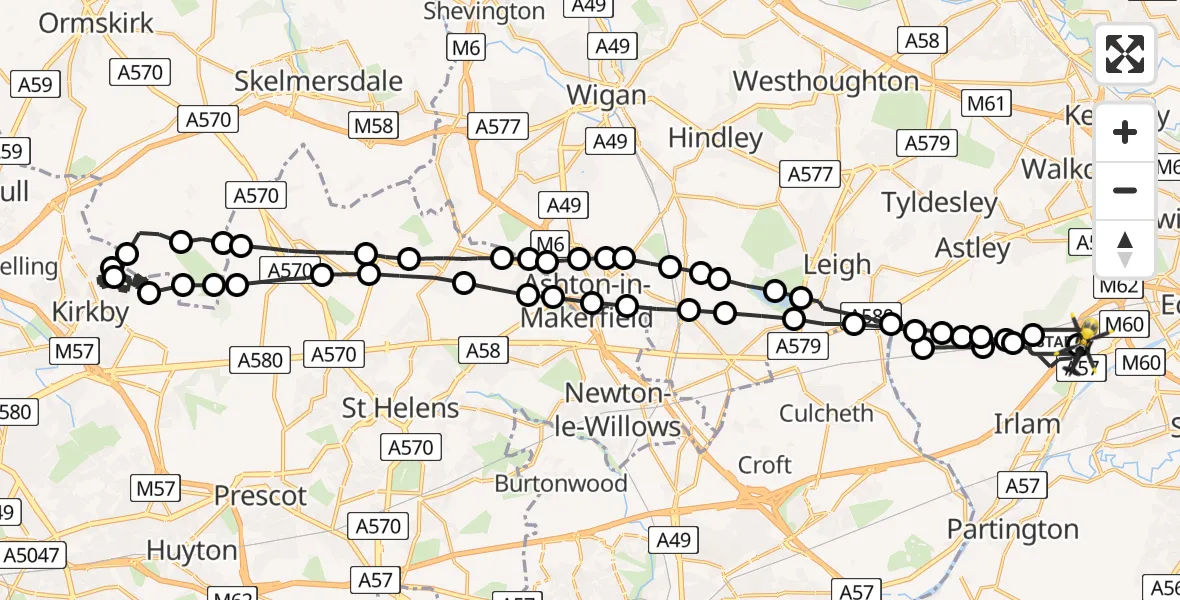 Flight path map showing Police Helicopter route from Irlam to Manchester Barton Aerodrome