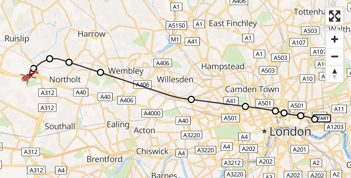 Flight route map: Air Ambulance Helicopter to RAF Northolt, RAF Northolt