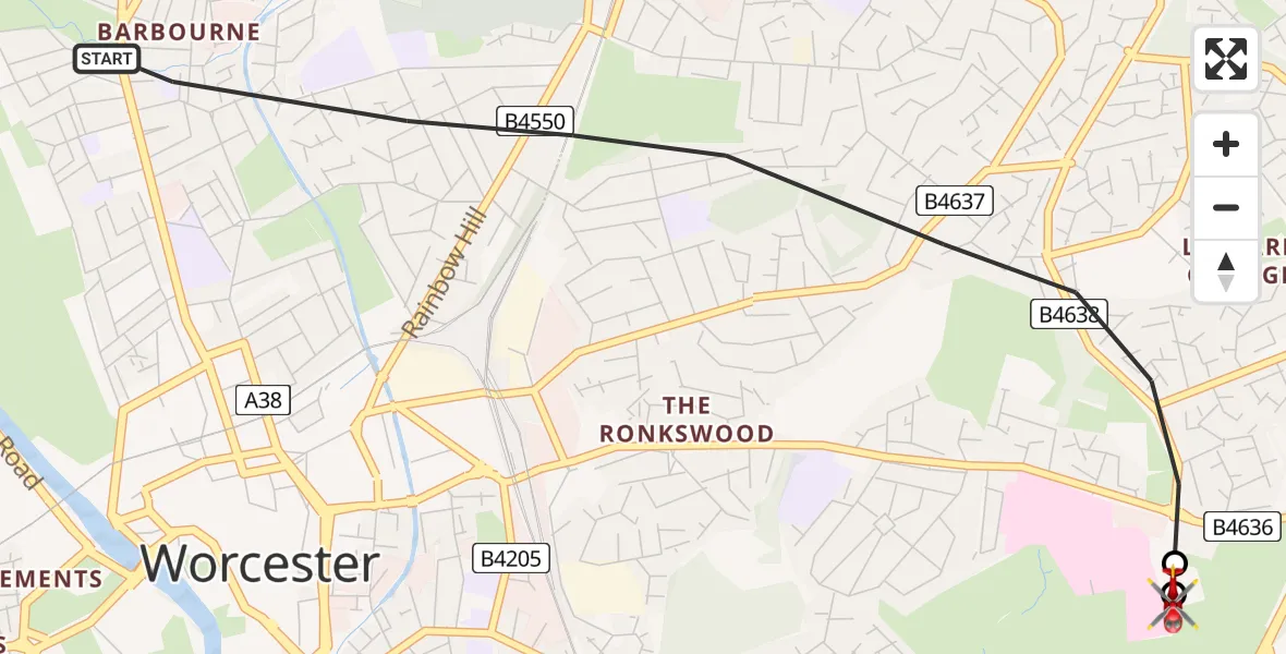 Flight route map: Air Ambulance Helicopter to Worcester, Charles Hastings Way