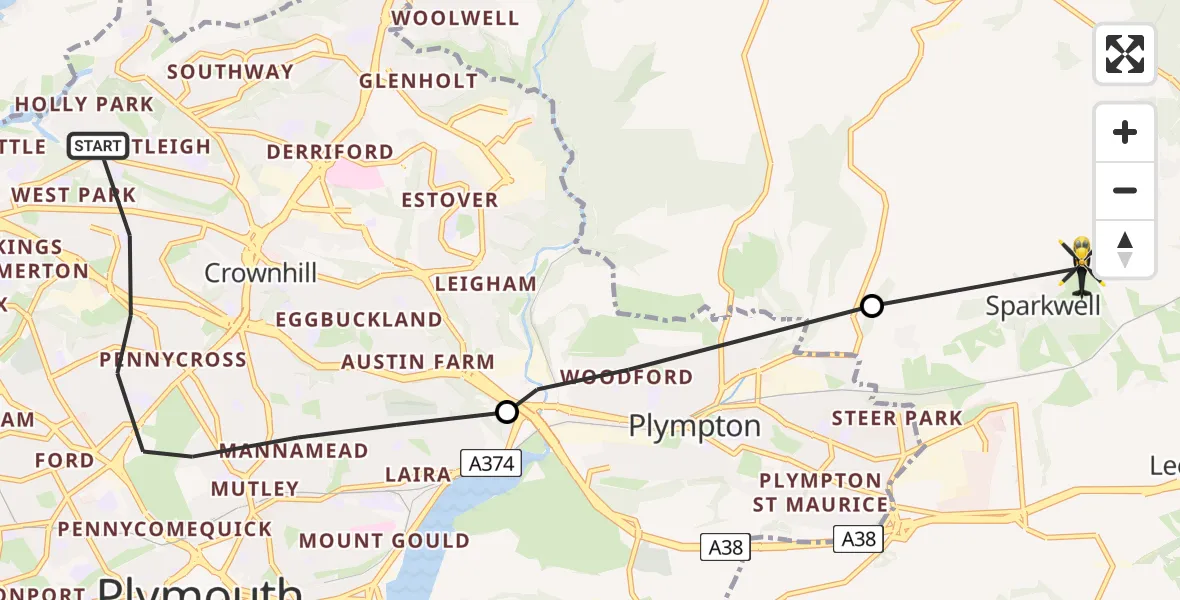 Flight route map: Police Helicopter to Sparkwell, Fairway Gardens