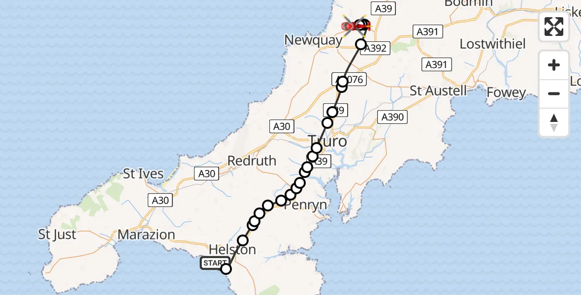 Routekaart van de vlucht: Air Ambulance Helicopter to Cornwall Airport Newquay, Cornwall Airport Newquay