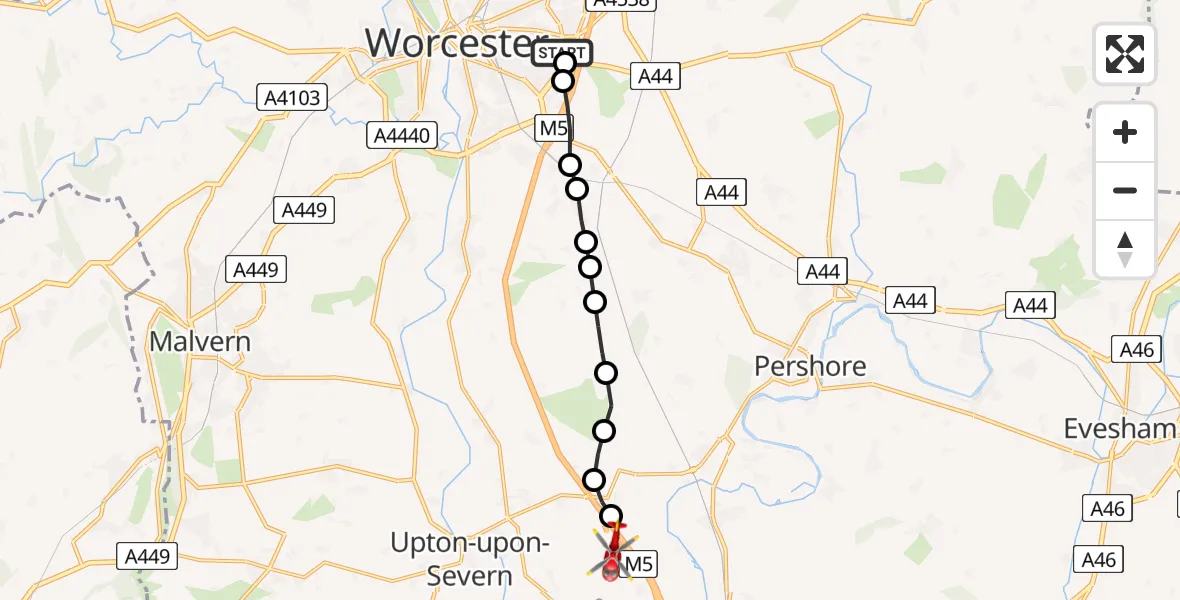 Flight route map: Air Ambulance Helicopter to Hill Croome, Baughton Lane