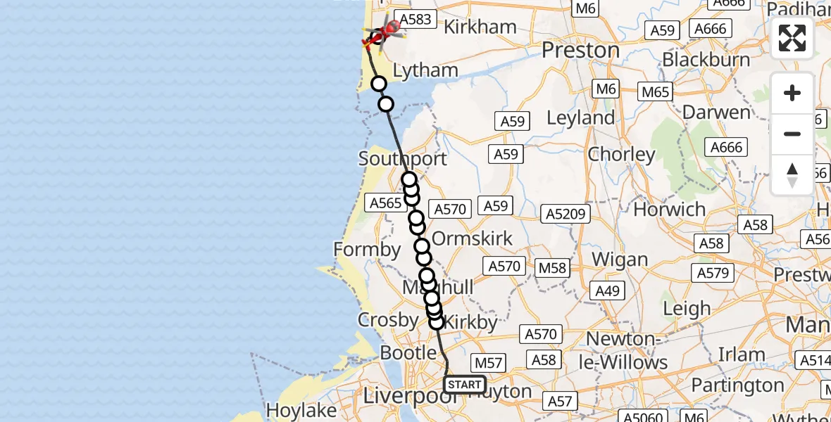 Flight route map: Air Ambulance Helicopter to Blackpool Airport, Blackpool Airport