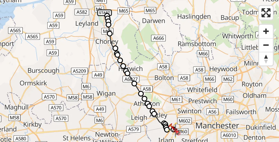 Routekaart van de vlucht: Air Ambulance Helicopter to Manchester Barton Aerodrome, Manchester Barton Aerodrome