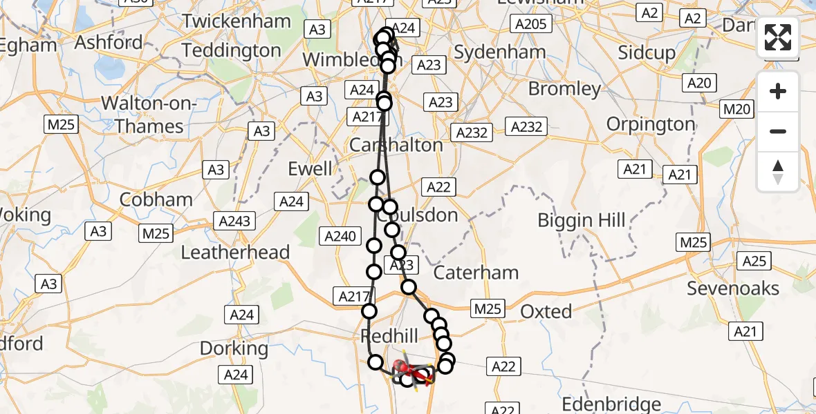 Flight path map showing Air Ambulance Helicopter route from Redhill Aerodrome to Redhill Aerodrome