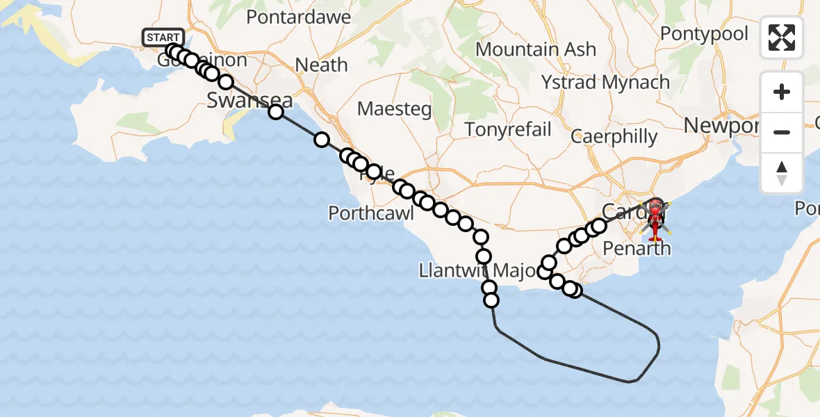 Flight route map: Air Ambulance Helicopter to Cardiff Heliport, Cardiff Heliport