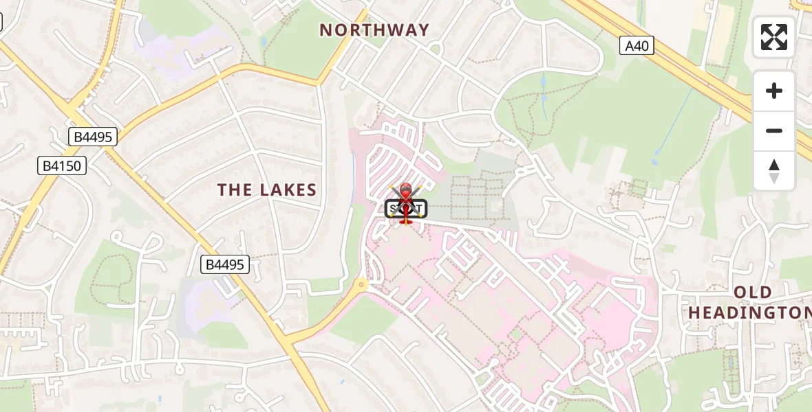 Flight route map: Air Ambulance Helicopter to Oxford, Headley Way