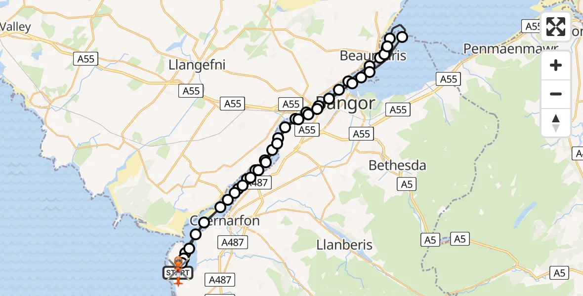 Flight path map showing Coastguard Helicopter route from Caernarfon Airport to Caernarfon Airport