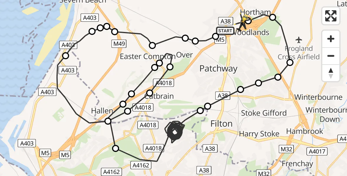 Flight route map: Police Helicopter to Almondsbury Helicopter Base, Almondsbury Helicopter Base