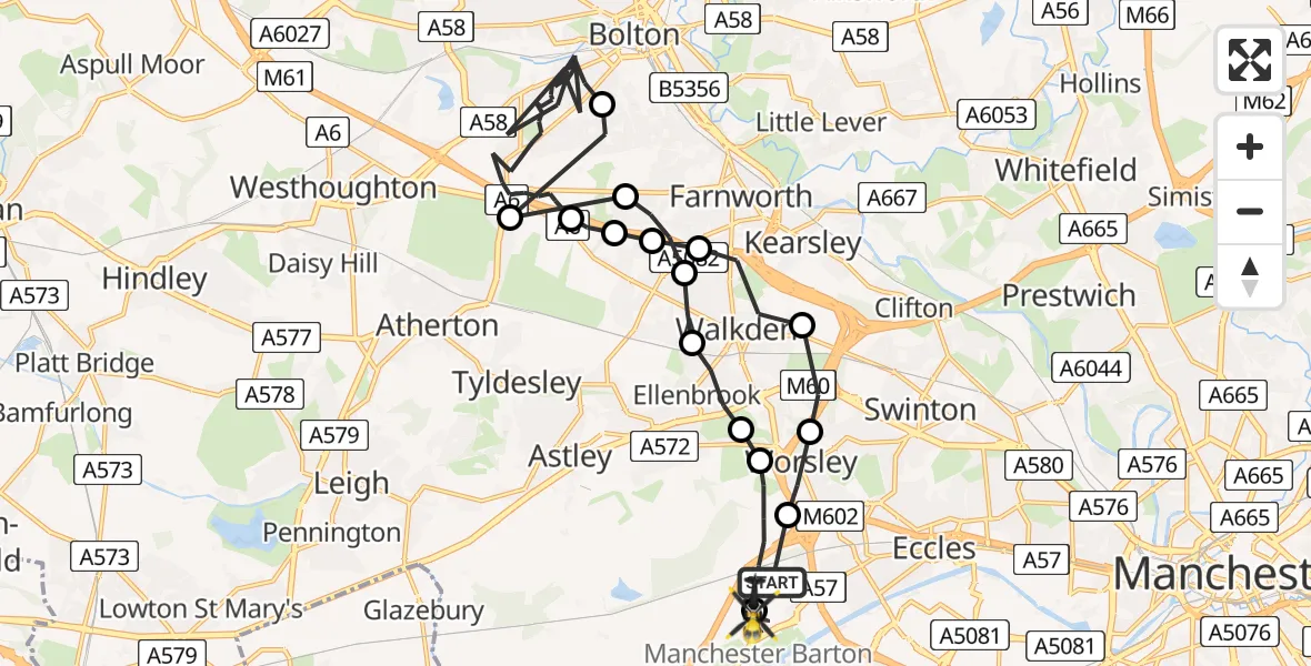 Flight path map showing Police Helicopter route from Manchester Barton Aerodrome to Manchester Barton Aerodrome