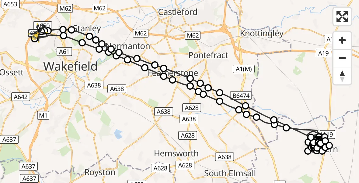 Routekaart van de vlucht: Police Helicopter to East Ardsley, Stoney Lane