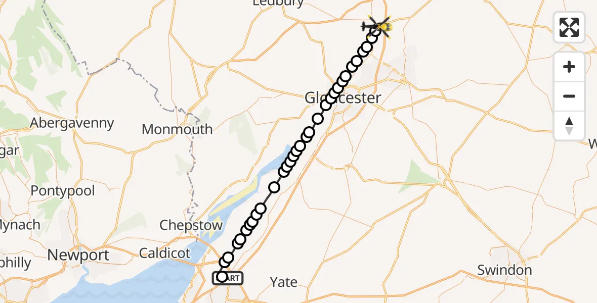 Flight route map: Police Helicopter to Tewkesbury, Queens Road