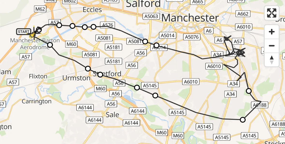 Flight path map showing Police Helicopter route from Manchester Barton Aerodrome to Manchester Barton Aerodrome
