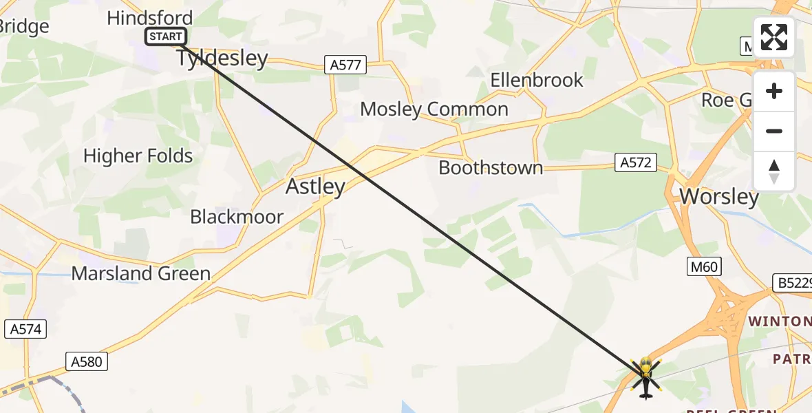 Flight route map: Police Helicopter to Worsley, M62
