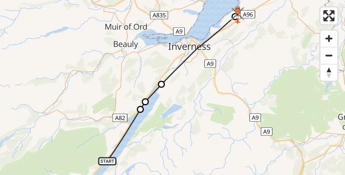 Flight route map: Coastguard Helicopter to Inverness Airport, Inverness Airport