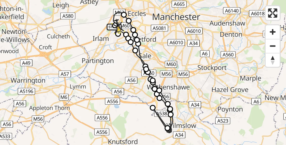 Flight route map: Police Helicopter to Urmston, Bent Lanes