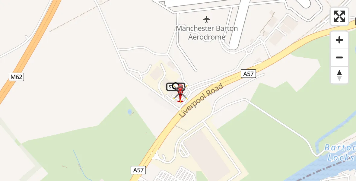 Flight path map showing Air Ambulance Helicopter route from Manchester Barton Aerodrome to Irlam
