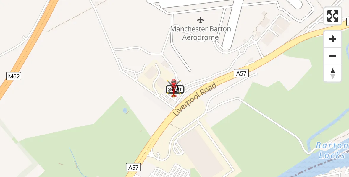 Flight path map showing Air Ambulance Helicopter route from Manchester Barton Aerodrome to Irlam
