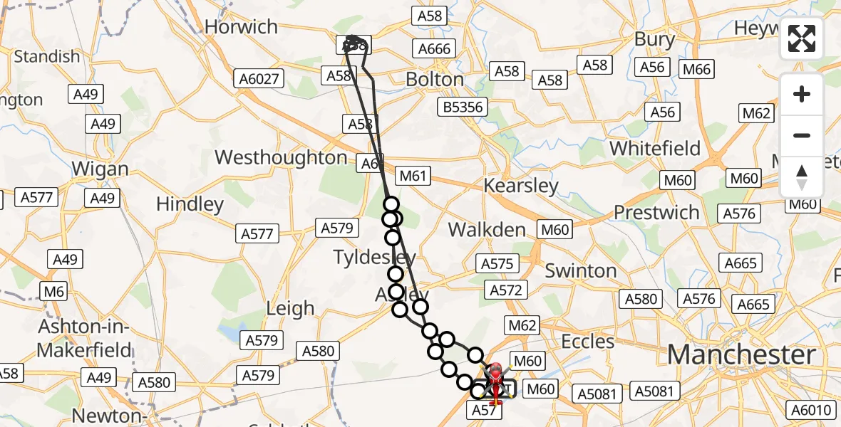 Flight path map showing Air Ambulance Helicopter route from Manchester Barton Aerodrome to Manchester Barton Aerodrome
