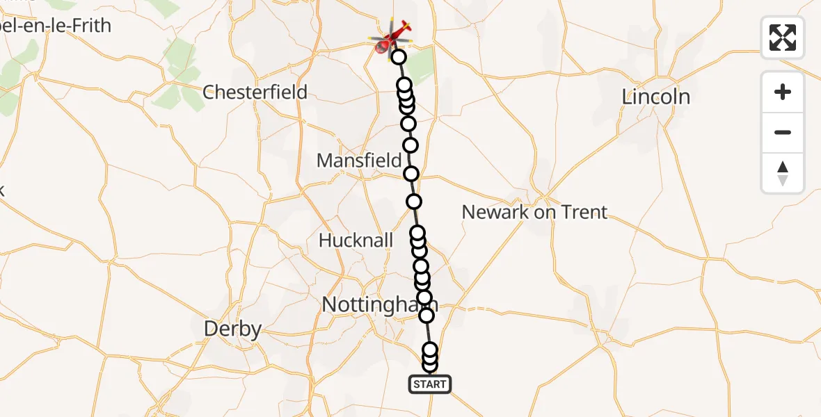 Flight route map: Air Ambulance Helicopter to Worksop, Eastgate