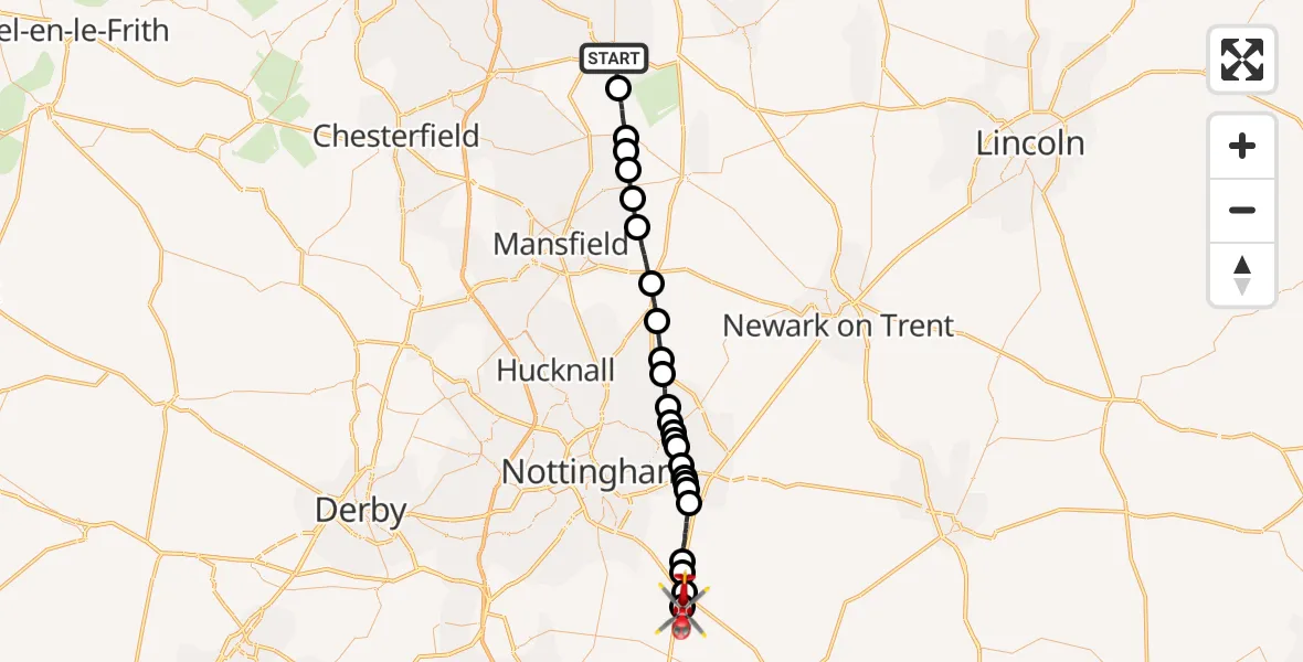 Routekaart van de vlucht: Air Ambulance Helicopter to Nottingham Heliport, Nottingham Heliport