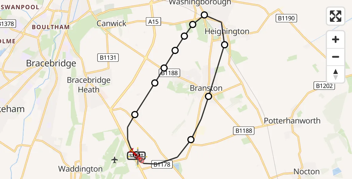 Flight route map: Air Ambulance Helicopter to North Kesteven, Sleaford Road