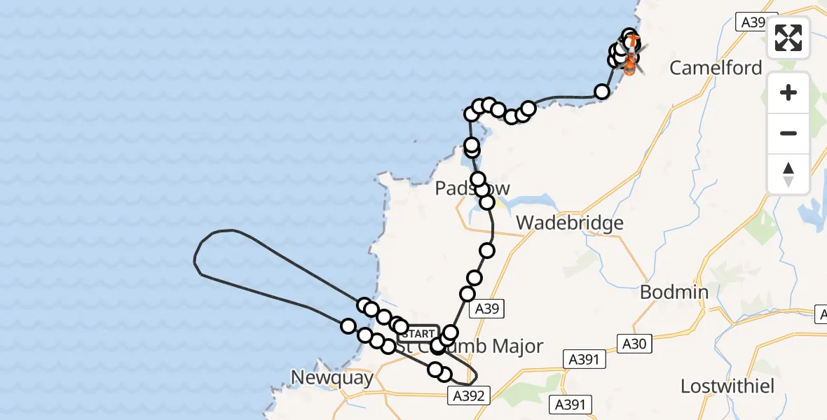 Flight route map: Coastguard Helicopter to St Teath, B3314