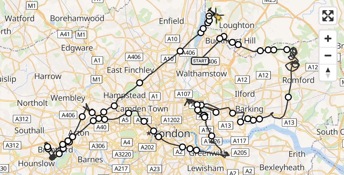 Routekaart van de vlucht: Police Helicopter to Sewardstonebury, Green Lane