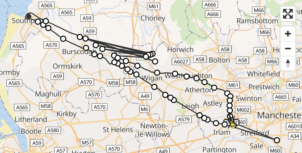 Flight path map showing Police Helicopter route from Manchester Barton Aerodrome to Manchester Barton Aerodrome
