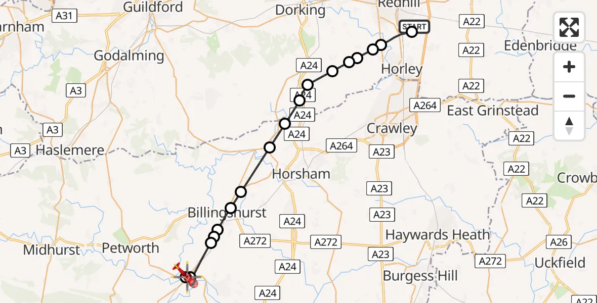 Flight route map: Air Ambulance Helicopter to Pulborough, Stopham Road