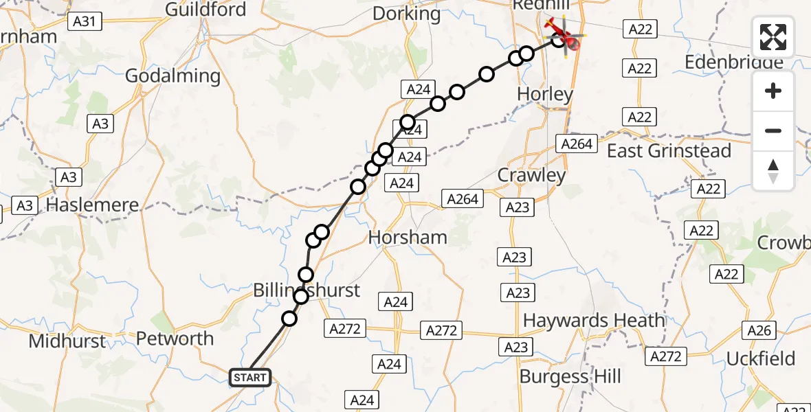 Routekaart van de vlucht: Air Ambulance Helicopter to Redhill Aerodrome, Redhill Aerodrome