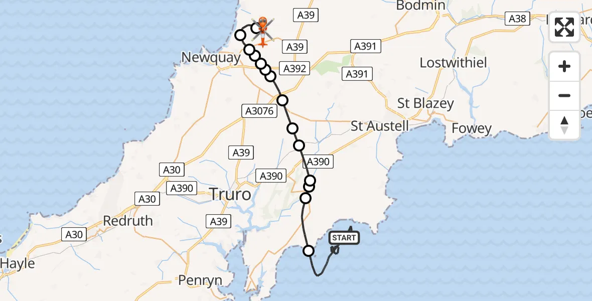 Flight route map: Coastguard Helicopter to Cornwall Airport Newquay, Cornwall Airport Newquay