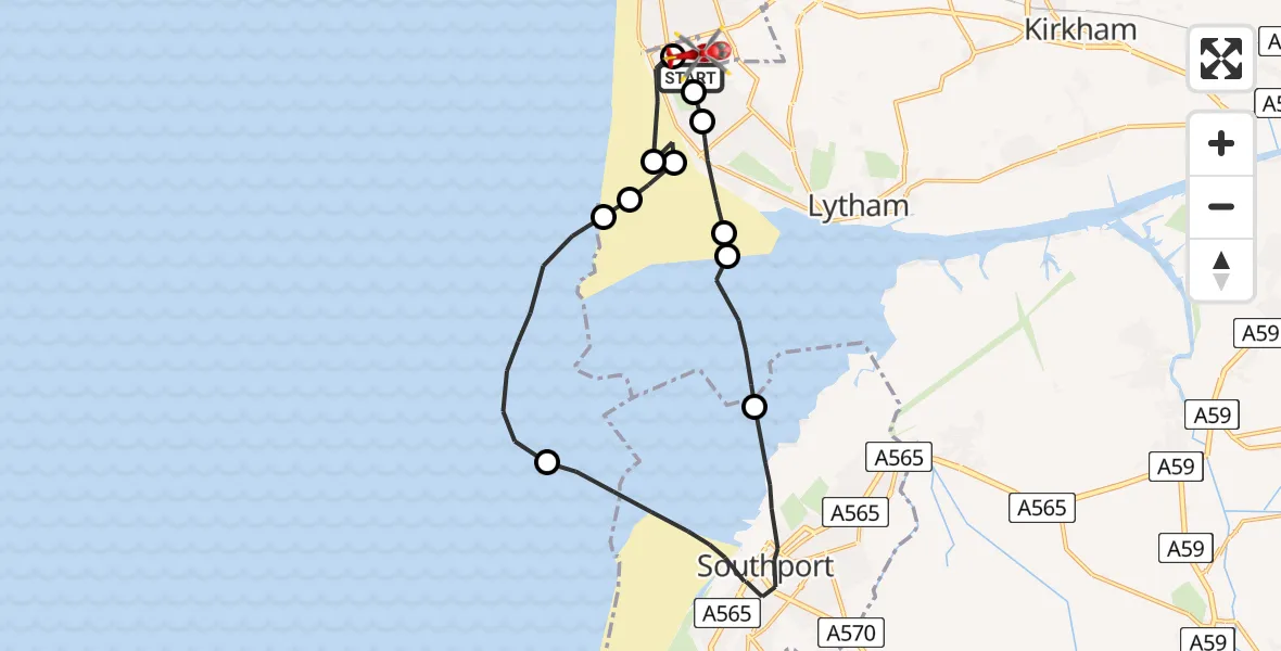 Flight route map: Air Ambulance Helicopter to Blackpool Airport, Blackpool Airport