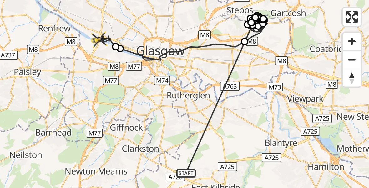 Flight route map: Police Helicopter to Glasgow, South Street