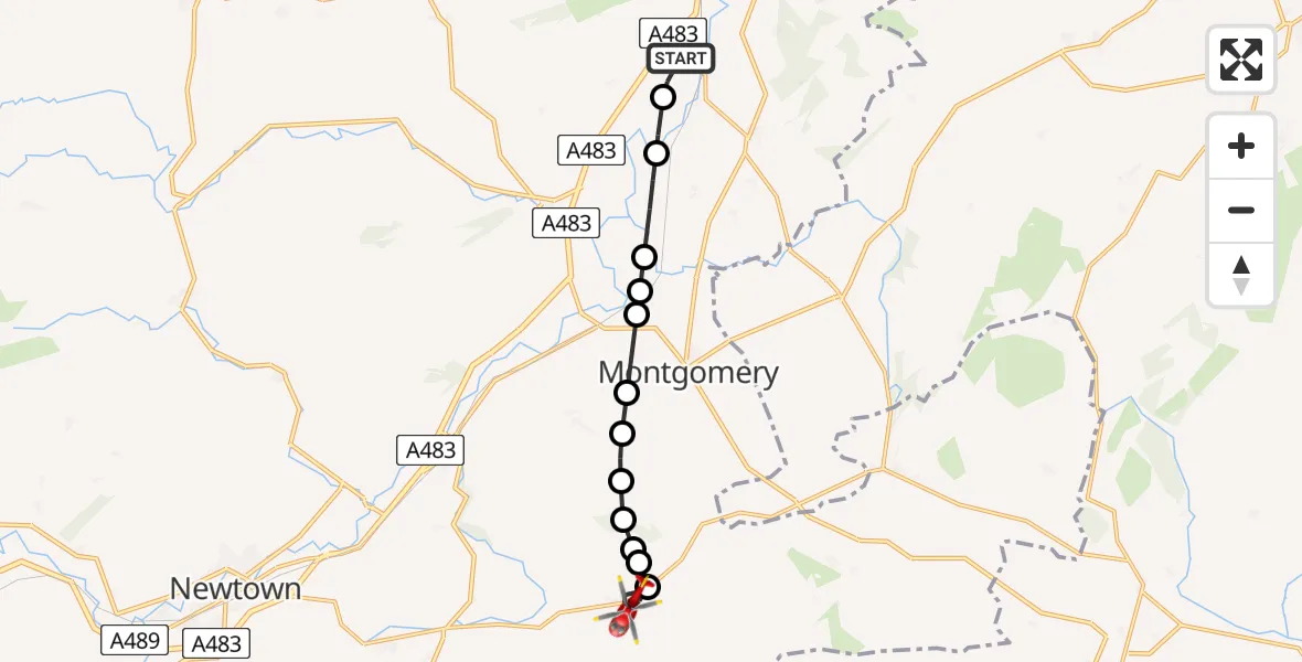 Flight route map: Air Ambulance Helicopter to Sarn, A489