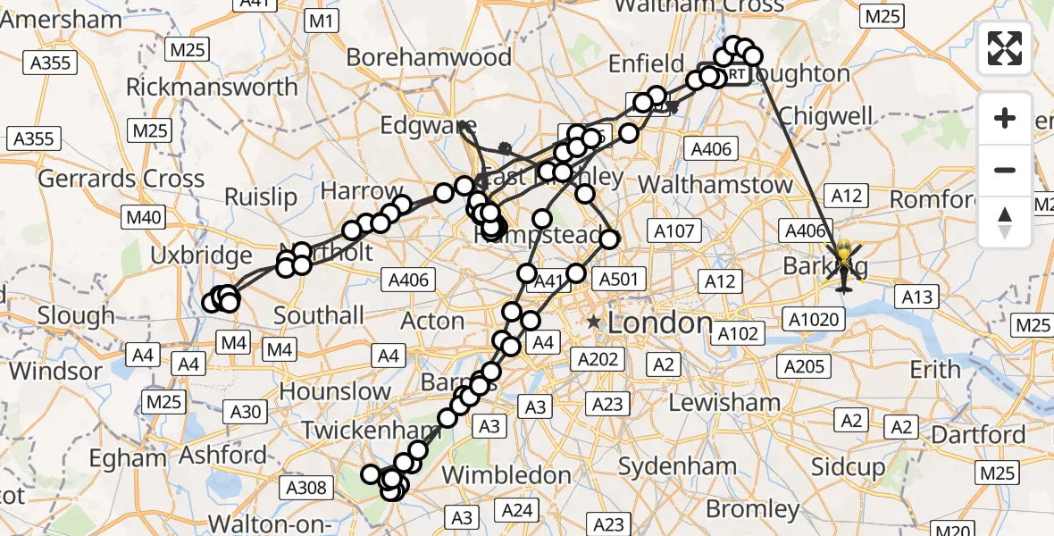 Flight route map: Police Helicopter to London Borough of Barking and Dagenham, Lambourne Road