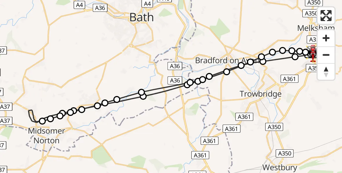 Flight path map showing Air Ambulance Helicopter route from Wiltshire Air Ambulance to Wiltshire Air Ambulance