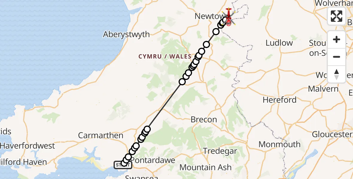 Flight route map: Air Ambulance Helicopter to Sarn, A489