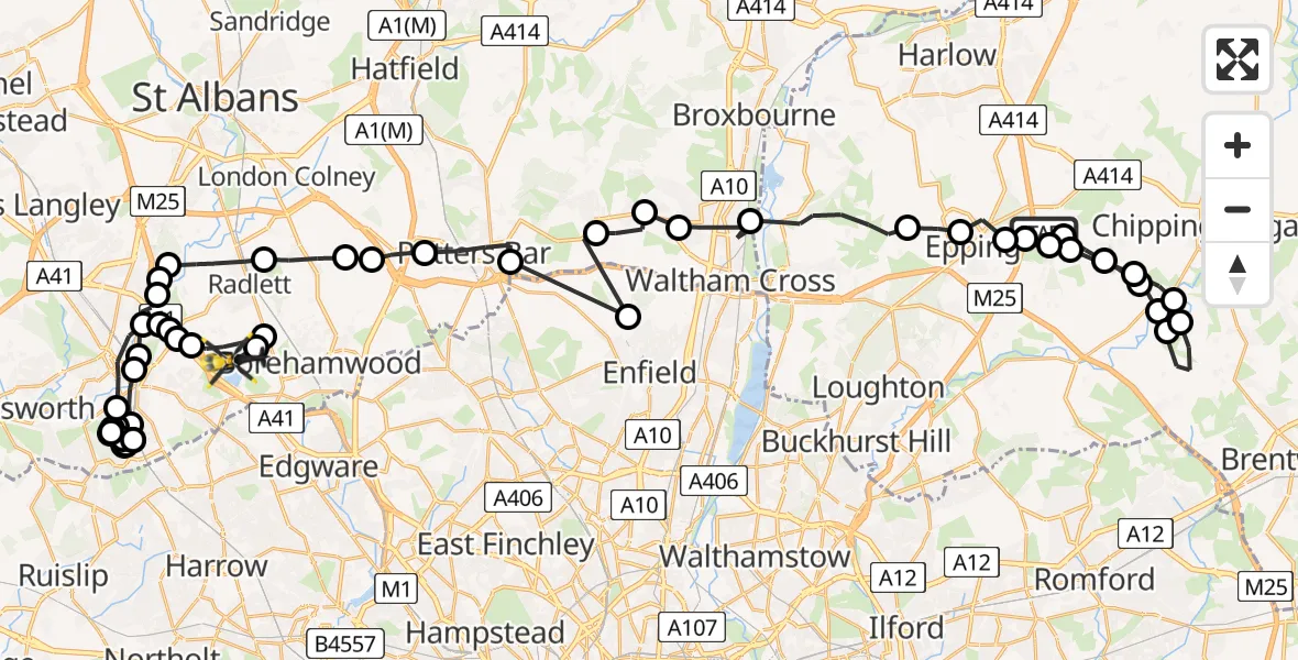 Flight route map: Police Helicopter to Elstree Airfield, Elstree Airfield